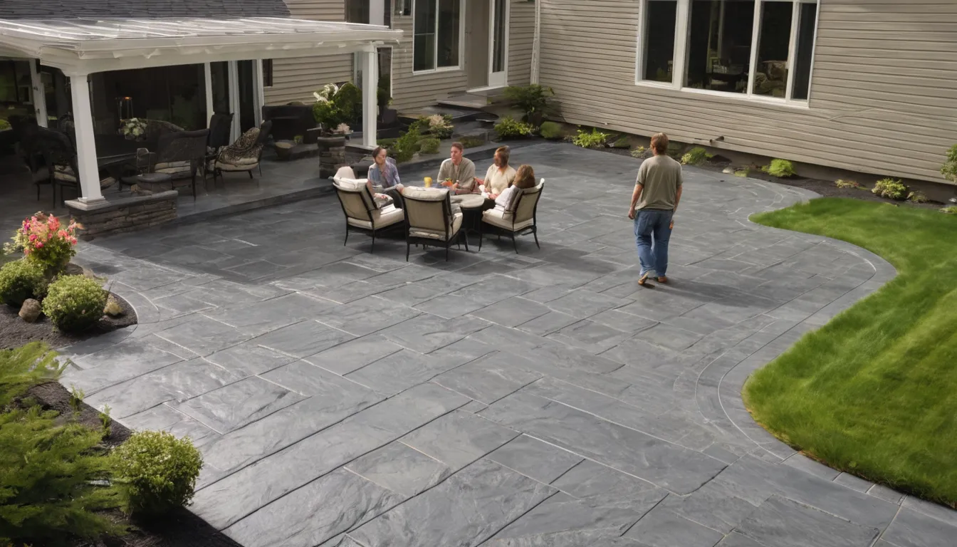 Finished stamped concrete patio with a stone pattern behind a home in Rogers